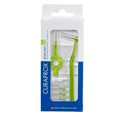 Immagine di Curaprox Interdentalbürsten Set CPS 011 prime start, Starterset mit 5 Bürsten, 2 verschiedene Halter, grün, 1.1 mm Durchmesser, Wirksamkeit