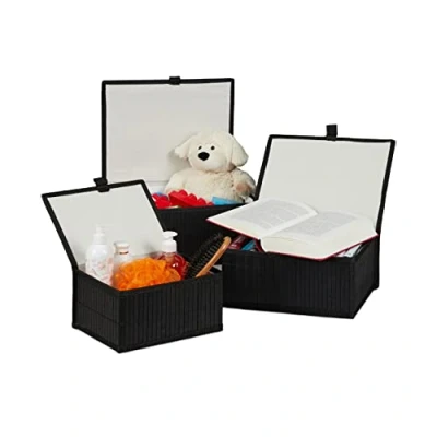 Immagine di relaxdays Set da 3 Cesti Portaoggetti, Coperchio &amp; Chiusura a Strappo, Cestino Contenitore in bambù, Nera