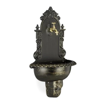Immagine di Relaxdays Fontana XL Antica a Parete, con Rubinetto, Lavabo per Giardino, in Lega di Alluminio, HLP 75x44x22 cm, Nera