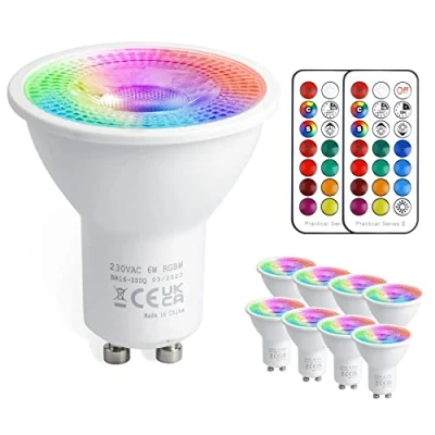 Immagine di VARICART Lampadina LED GU10, 5W Lampadine Colorate 12 Colori Faretto RGB, Dimmerabile con Telecomando, Luce Bianco Freddo 6000K, 50W Equiv. per decorazione della casa (confezione da 8)