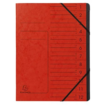 Immagine di Exacompta 541205E Classificatore spillato con elastici 12 scomparti interni in carta riciclata nera. Archiviazione di documenti A4 Rosso