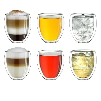 Immagine di Creano bicchieri a doppia parete 250ml DG Bully, bicchiere termico grande in vetro borosilicato, da caffè, latte 6x 6 pezzi (confezione 1)