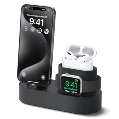 Immagine di elago Supporto di Ricarica 3 in 1 Compatibile con Apple Products, Watch Serie 10/9/8/7/6/5/4/6/5/4/3/2/1/SE 2/SE, AirPods 3/2/1 e Tutte le iPhone [Cavi originali richiesti] (Nero)
