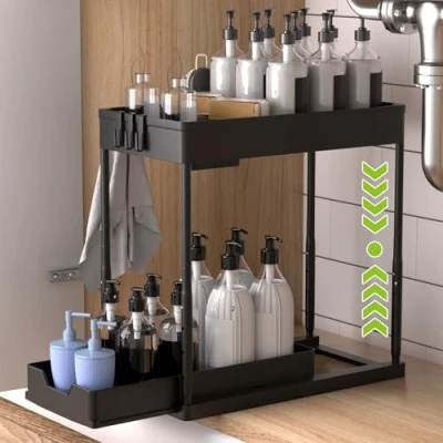 Immagine di YOCOLE Sollevabile Organizzatore Sotto il Lavandino 2 Livelli, Scorrevole Scaffale Sottolavello Portaoggetti con 4 Ganci e 1 Bacinelle Sospese, Estraibile Cassetti Organizer per Cucina Bagno, Nero