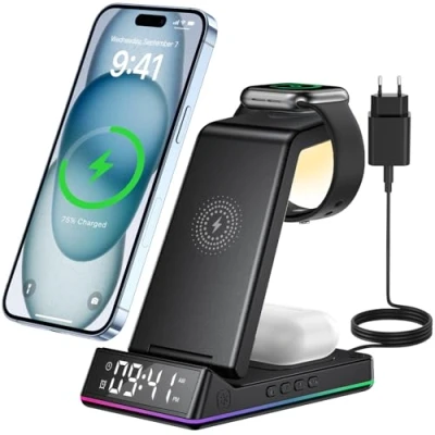Immagine di Caricatore Wireless, 5IN1 Caricabatterie Wireless Induttiva Compatibile Con i phone 15 14 13 12 11/XS/XR/8, orologio polso 8/7/6/SE/5/4/3/2, Auricolari 2/3/Pro, 18W Adattatore
