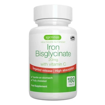 Immagine di Ferro Bisglicinato 20mg con Vitamina C, integratore stanchezza, gentile sullo stomaco e ben tollerato, alto assorbimento rilascio mirato, 180 compresse vegane