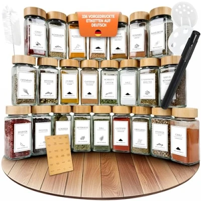 Immagine di comforder Set di barattoli per spezie (25 pezzi), organizer con spargispezie etichette + imbuto, rettangolari coperchio, 120 ml (bambù)