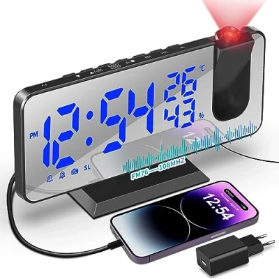 Immagine di TAKRINK Sveglia con Proiettore da 7,5 Pollici Radio Digitale Comodino Rotazione di 180 Luminosità Regolabile Temperatura Umidità e Uscita USB Ricarica