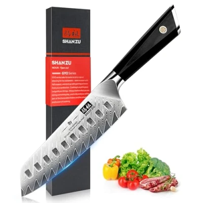 Immagine di SHAN ZU Coltelli Santoku, Coltello da Cucina Damasco, Giapponese in Acciaio AUS10 Damasco 67 Piani, Maniglia Ergonomica G10, Lama affilata, Perfetta per Tagliare Verdure, Frutta e Carne