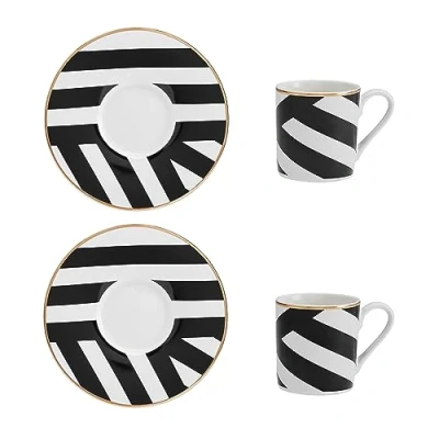 Immagine di Mikasa Luxe Deco Set con tazza da espresso e piattino in porcellana, 2x tazze piattini stampa geometrica, caffè 100 ml Confezione regalo lavabile lavastoviglie