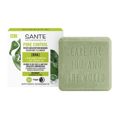 Immagine di SANTE Naturkosmetik Pore Control detergente solido per il viso, con tè verde biologico opaco, complesso BHA e niacinamide, vegano pelli miste, pulizia dei pori, 60 g