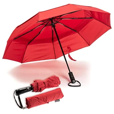 Immagine di Ergonauts Ombrello da viaggio anti vento a doppio baldacchino, con rivestimento in teflon, manico ergonomico e custodia protettiva, portatile, pieghevole, design leggero resistente al (rosso)