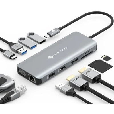 Immagine di NOVOO Hub USB C con 2 HDMI 4K, 11 in 1 Docking Station di Tipo C, RJ45 Gigabit Ethernet, 3.0, 2.0, VGA, Adattatore 100W PD, Schede SD/TF per MacBook Pro Air M2 M1