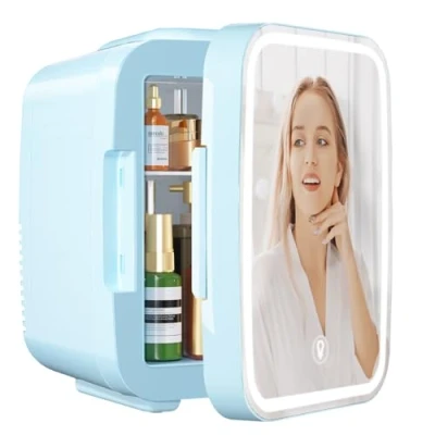 Immagine di YASHE Mini Frigorifero per la Camera, Skincare con Specchio a LED, Piccolo da 4L Portatile, Riscaldatore &amp; Raffreddatore Termoelettrico 220V AC / 12V DC Auto, Ufficio(Blu)