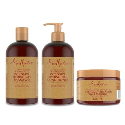 Immagine di SheaMoisture Shampoo, Balsamo e Maschera per capelli secchi danneggiati Miele di manuka olio mafura set la cura dei Shampoo 1x 384 ml, 355 ml