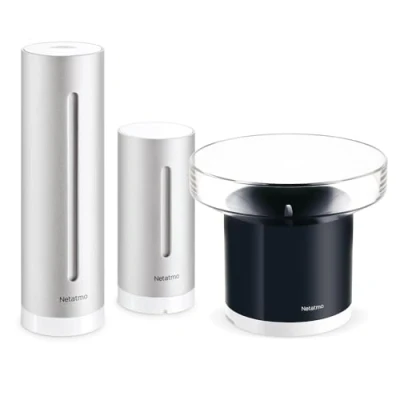Immagine di Netatmo Packung mit Wetterstation für Innen und Außen drahtlosem Außensensor intelligentem Regenmesser, Luftfeuchtigkeit, Luftqualität, Geräuschpegel in Innenräumen, Luftdruck, NBU NWS NRG EU