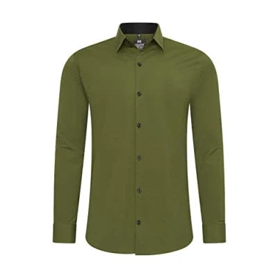 Immagine di Rusty Neal Camicia da uomo di alta qualità, slim fit, a maniche lunghe, elasticizzata, contrasto, per il tempo libero, cachi, XXXXXXL