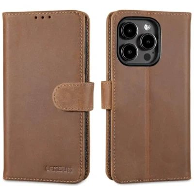 Immagine di Lensun Cover per iPhone 15 Pro 5G, Custodia in Vera Pelle Libro con Portafoglio Chiusura Magnetico Flip Custodie Cuoio Telefono Marrone Scuro Retrò