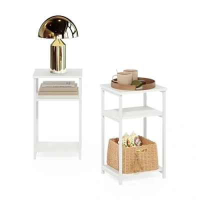 Immagine di Furinno Just Tavolino Industriale Struttura in Metallo e Ripiani portaoggetti, Legno ingegnerizzato, Bianco/Bianco, 3 Livelli, Confezione da 2