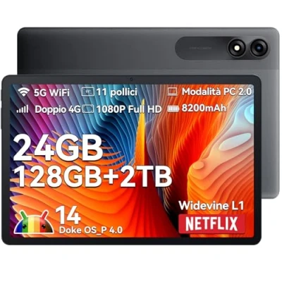 Immagine di Blackview Tablet 11 Pollici Tab90, Android 14 24GB RAM+128GB ROM, Doppia 4G LTE+5G WiFi Gaming, 8200mAh, Widevine L1, PC Mode, 13MP+8MP, 2 Smart K Speaker, Face ID, OTG Octa Core