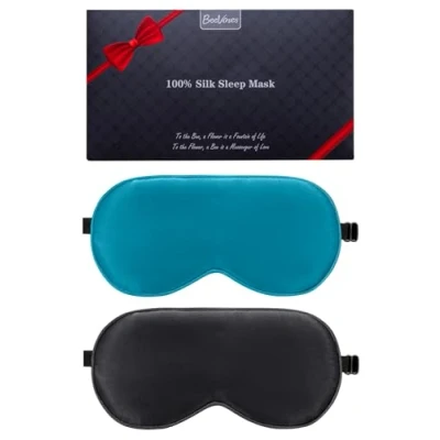 Immagine di maschera per dormire in seta, confezione da 2 maschere occhi vera seta naturale al 100% con cinturino regolabile, occhi, parasole BeeVines (blu pavone)