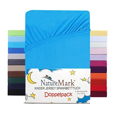 Immagine di NatureMark Set di 2 lenzuola con angoli elasticizzati in jersey, 100% cotone, per lettino e lettino, 70 x 140 cm, colore turchese