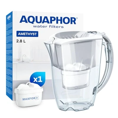 Immagine di AQUAPHOR Amethyst Caraffa filtrante bianca con 1 filtro MAXFOR+ I da 2,8l Adatta alla porta del frigo Riduce calcare e cloro tavolo Di stile