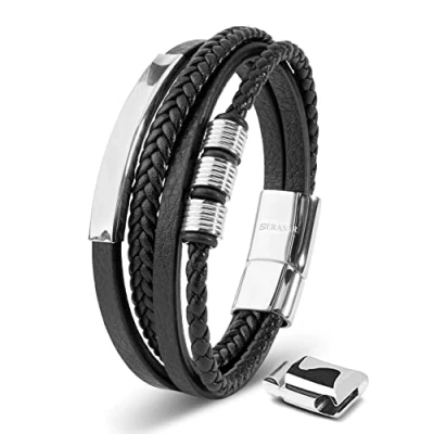 Immagine di SERASAR Bracciale da uomo in pelle di alta qualità, con chiusura magnetica acciaio inox, nero, argento e oro, scatola per gioielli, ottima idea regalo, 20cm, Pelle, No Gemstone