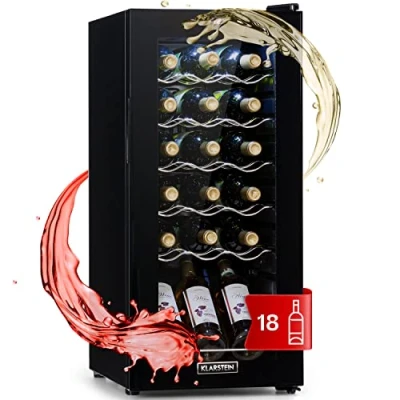 Immagine di KLARSTEIN Cantinetta Vino Design, Refrigerata a Zona Singola per Rosso, Bianco e Birra, Controlli Touch, Frigo Esterno/Interno, 5 18C, 50L, 18 Bottiglie
