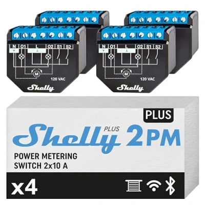 Immagine di Shelly Plus 2PM, Relè Interrutore con misurazione di consumo, 2 canali 16A, Wi Fi e Bluetooth, Automazione tapperelle, serrande, persiane, Alexa Google Home, App iOS Android (4 pezzi)