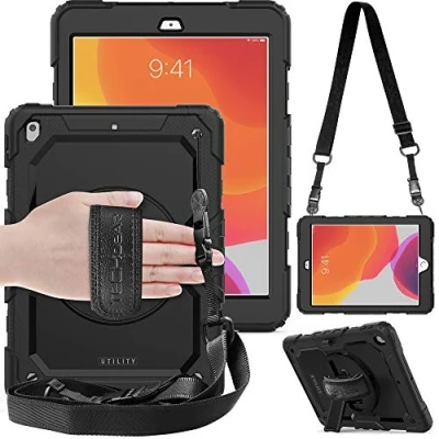 Immagine di TECHGEAR Custodia Utility Compatibile con iPad 9/8 / 7 Generazione, Antiurto Resistente Supporto Integrato Girevole a 360 Gradi, Cinturino Mano e Tracolla attaccabile Cover per 10.2 Pollici