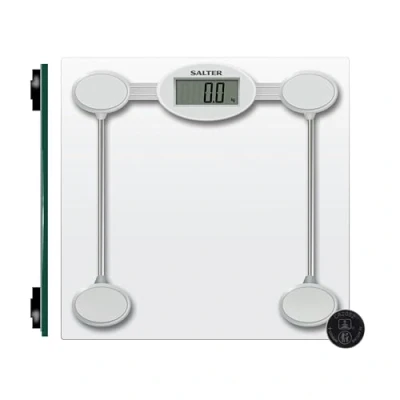 Immagine di Salter Bilancia da bagno elettronica in vetro SV3R, capacità massima 180 kg, display LCD facile leggere, Tap to Start, grande piattaforma temperato, batterie incluse, argento/trasparente