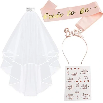 Immagine di TECHSHARE Addii al Nubilato Gadget, Team Bride, Bride to Be Sash, Velo Bianco Con Pettine, Fascia per Capelli Corona, Tatuaggi (Oro Rosa)