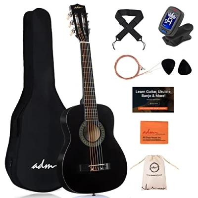 Immagine di ADM 1/4 Chitarra Classica Junior per Bambini Principianti con Accordatore a clip, Borsa, Tracolla, Corde e Plettri Aggiuntivi, Nera