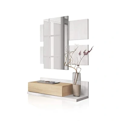Immagine di Habitdesign Ingresso con cassetto e specchio, Mobile da Ingresso, Modello Tekkan, Finitura in Bianco Artik Rovere Canadese, Misure: 75 cm (Larghezza) x 116 (Altezza) 29 (Profondità)