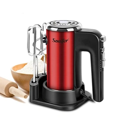 Immagine di Sonifer Frullatore elettrico a mano da 400 Watt, in acciaio inox, 5 regolatori di velocità, funzione turbo e espulsione, include 2 fruste ganci per impastare 1 base, colore: rosso