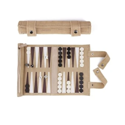 Immagine di Sondergut Backgammon gioco da tavolo Cream Avvolgibile, in 100% pelle L&#039;originale dal 1998 Perfetta idea regalo per gli appassionati del campeggio e dei viaggi 25x34cm