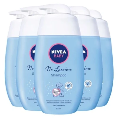 Immagine di Nivea Baby Shampoo No Lacrime Detergente Capelli Bambini Senza Coloranti Artificiali Docciashampoo delicato e ipoallergenico con Camomilla Alcool Parabeni 5 Flaconi da 500ml