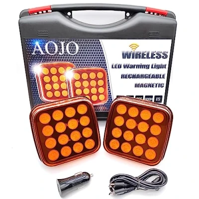 Immagine di AOJO 2 x spie led arancioni wireless con 4 modalità, lampeggiante amber da 12 V 24 volt ricaricabile luce stroboscopica senza fili magnetico, impermeabile IP67, marchio ECE E9