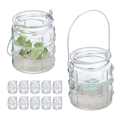 Immagine di Relaxdays Vasetti Portacandele, Set 12, Vasi in Vetro, Ampolle per Candele con Manico, HxD 9x7,5 cm, Trasparente Argento