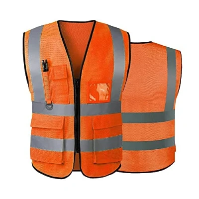 Immagine di Maglia di sicurezza per le donne uomini alta visibilità riflettente con tasche cerniera anteriore soddisfa gli standard ANSI/ISEA, Arancione (maglia) L