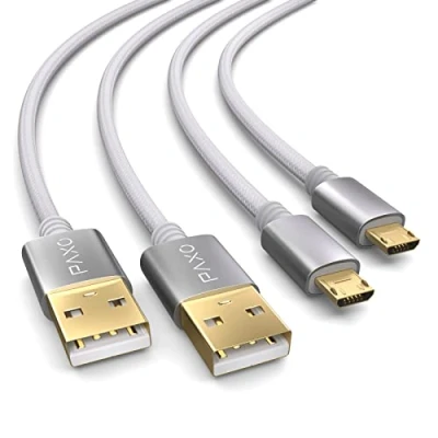 Immagine di cavo di ricarica 2x 4m per controller PS4, micro USB, nylon, rivestimento in tessuto, spina alluminio, bianco