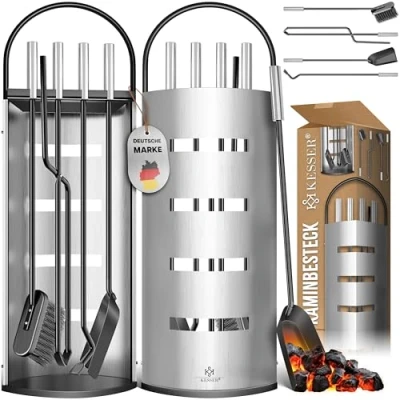 Immagine di KESSER® Accessori per camino Kit caminetto da 5 pezzi design moderno, rivestito, Set pezzi: scopino, paletta, attizzatoio, pinza, supporto porta attrezzi, d&#039;argento