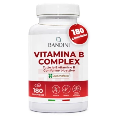 Immagine di Bandini® Vitamina B Complex Alto Dosaggio 180 Compresse vegane (6 Mesi) con forma bioattiva Quatrefolic® Vitamine del Gruppo Acido Folico, Biotina, B1, B2, B3, B5, B6, B12 Senza OGM