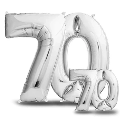 Immagine di envami, palloncino per il 70 compleanno, XXL, argento, in pellicola, 2 misure da 40&quot; e 16&quot; (101 cm + 40 cm), set di decorazioni quattro numeri, ideale come decorazione
