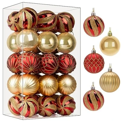 Immagine di SHareconn Set di 30 palline per albero Natale, 6 cm, in plastica colorata infrangibile, decorazioni festività e matrimoni (rosso oro, 60 mm)