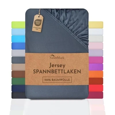 Immagine di NatureMark Lenzuolo con angoli elasticizzati in jersey, 100% cotone, molti colori e misure, conforme all’Oeko Tex Standard 100, 180 x 200 cm grigio antracite