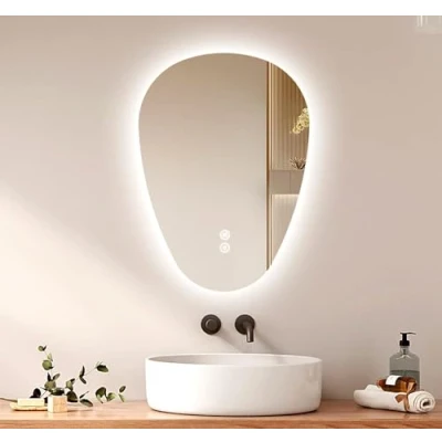 Immagine di EMKE Specchio da bagno con illuminazione, asimmetrico LED 70 x 50 cm, interruttore touch, 3 colori di luce, dimmerabile, senza appannamento, IP44, risparmio energetico