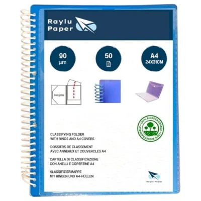 Immagine di Raylu Paper® Cartella classificatrice con anelli buste trasparenti A4 da 90 micron e busta chiusura in velcro, coperchio personalizzabile. di 100% biodegradabile (50
