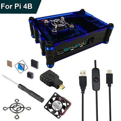 Immagine di RLTech Custodia Acrilica per Raspberry Pi 4 Modello B, 4B Case con Ventola e 3 pezzi Raffreddamento Dissipatori B (Blu Nero)